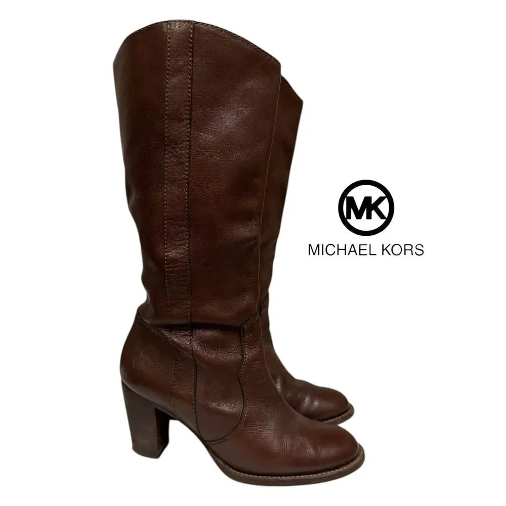 KORS Michael Kors Women’s Brown Leather Heeled Knee High Boots 8